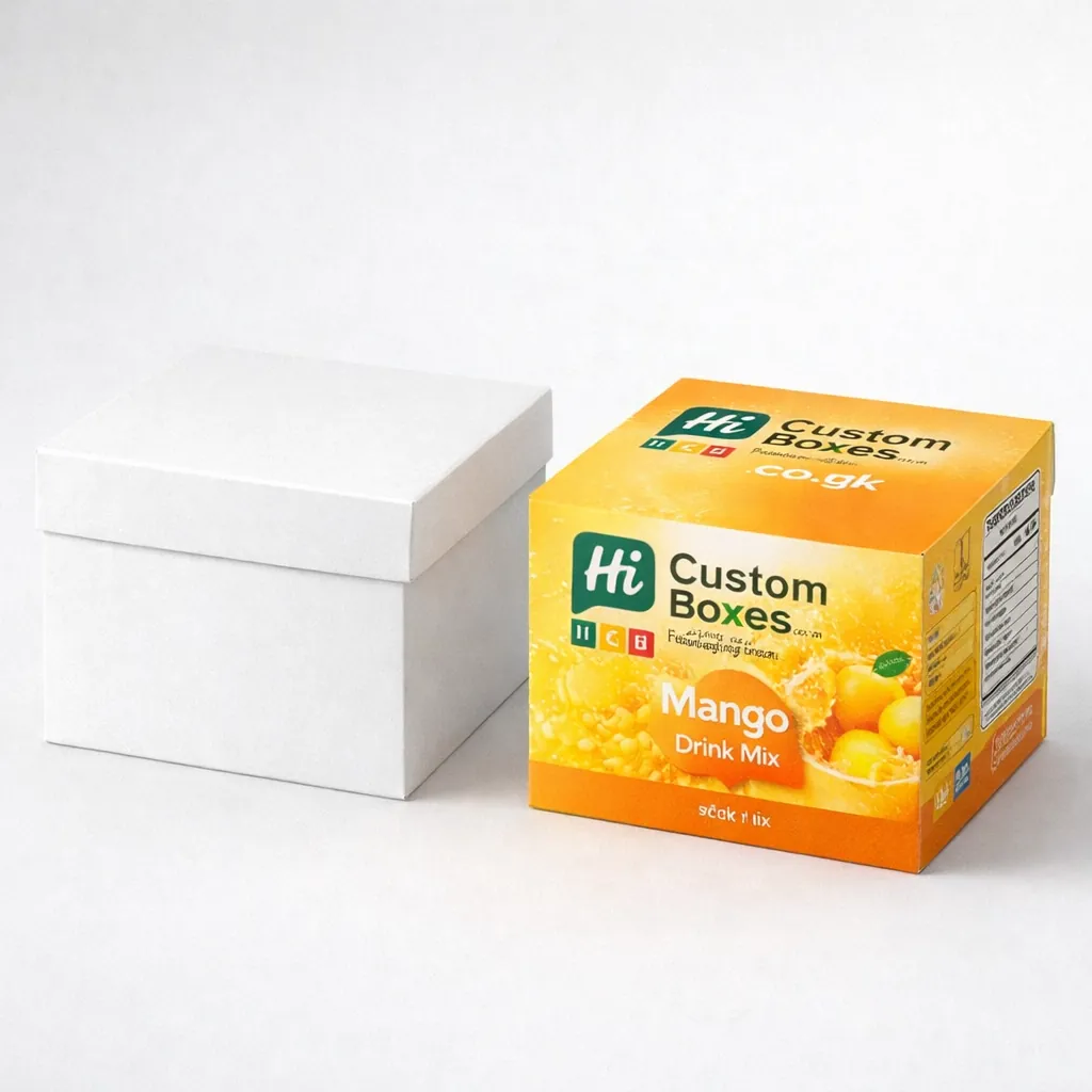 Custom printed square mango drink mix boxes with a separate lid for wholesale packaging solutions. class=